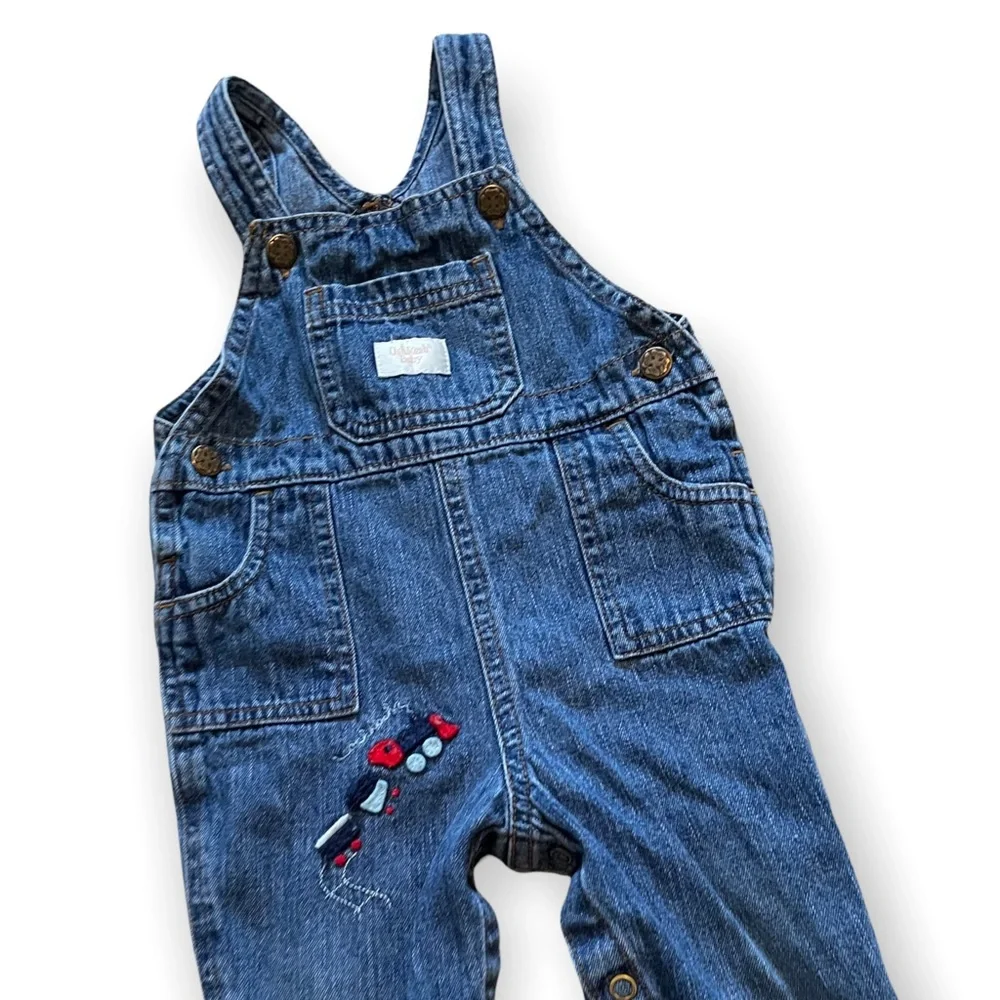 Vintage OshKosh Baby Denim Overalls Train Embroidery Size 6-9 Months